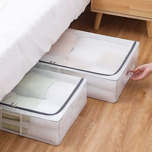 Under Bed Foldable Storage Box with Steel Frame Transparent Waterproof Moisture-Proof Clothes Organizer