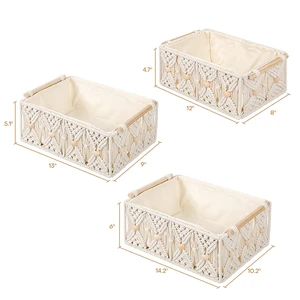 Large Boho Beads Decorative Wicker Boxes Macrame Cotton Rope Hand Woven Storage Baskets Wooden Handles Bin Set For Home Decor