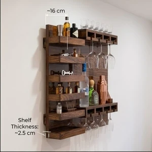 Rustic Wood Wall Shelf 5 Tier Hanging Storage Rack For Wine Glasses And Bottles