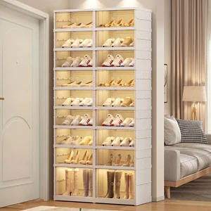 36 Pairs Clear Transparent Rectangle Injection Molded Office Organizer Foldable Plastic Shoe Storage Box & Rack Cabinet