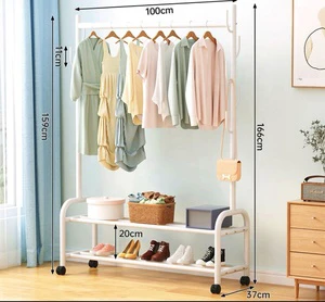 FIRST HORSE Heavy Duty Single Rod Coat Rack Organizer with Hooks Freestanding Movable Garment Stand with 2 Tiers Storage Shelf
