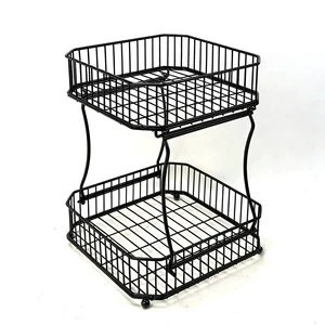 Black 2 Tiers Wire Baskets Fruit Wire Basket Counter Top Organizer Storage Crafts Decor Kitchen Detachable Gold