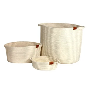 3 Sizes Cotton Rope Woven Storage Basket Leather Handles Foldable Nursery Laundry Organizer Wholesale