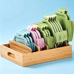 Wooden Kitchen Cabinet Organizer for Food Storage Container Lids, with Adjustable Dividers, Bamboo Drawer Caddy