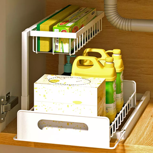 2-Tier L-Shape Kitchen Cabinet Organizer Sliding Carbon Steel Pull Out Under Sink Organizer