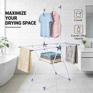Heightened Foldable Detachable Metal Three-Layer Multifunctional Clothes Drying Rack Winged Design Laundry Clothing Organizer