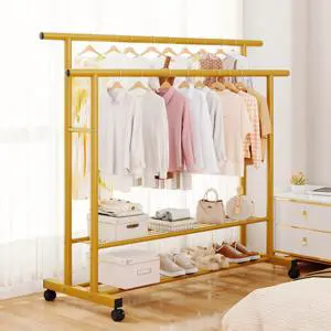 120cm Movable Double Rod Metal Coat Rack Organizer with Storage Shelves Bedroom Balcony Garment Rack Clothes Rack for Shoes