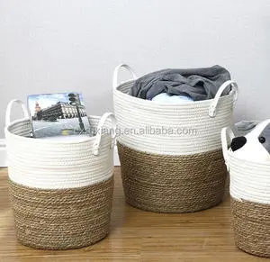 Nordic Style Cotton Rope and Water Hyacinth Woven Laundry Basket Storage