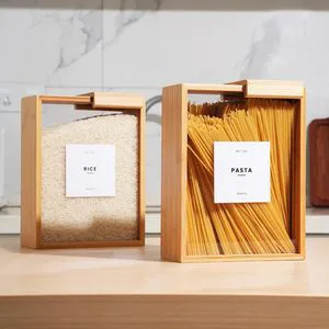 Factory Price Transparent Arylic Kitchen Utensils Cans Grain Distributor Cans Food Container Bamboo Storage Box For Pasta Powder