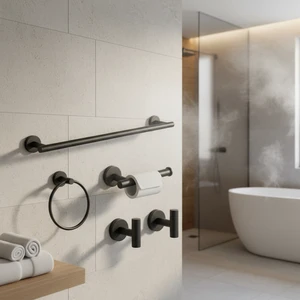 Wall Mounted Matte Black Bathroom Hardware Accessories Set With Towel Bar, Ring And Robe Hooks