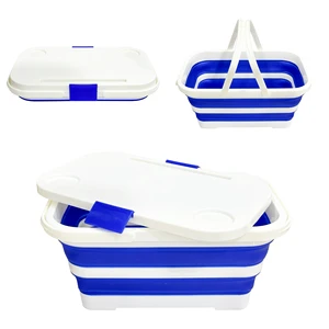NEW Rubber Folding Basket With Table Top Lid Portable Washing Basin Bucket Tub Camping Travel Storage Container Compact Laundry