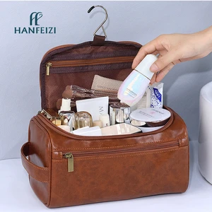 HANFEIZI High Quality Pu Leather Bathroom Men Washing Hanging Toiletry Storage Bag for Travel