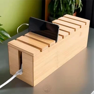 Bamboo Cable Management Box Desk Floor Area Wire Extension Cord Hider Storage Designed for Tidying Cable Storage