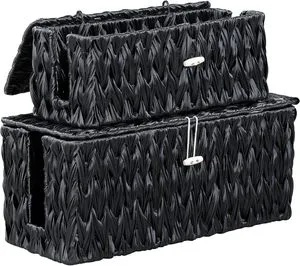 YULIN JIAFU Management Box,2 Pack Large & Medium Rattan Cable Organizer Box for Power Strip,2 Open Slots Cords Hider Box