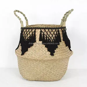 2022 Best Selling Foldable Storage Basket Woven Rattan Seagrass DHT Handicrafts Foldable Straw Cloth Pot Storage Box Kitchen