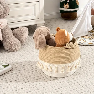 30.48cm X 22.86cm Handmade Cotton Rope Storage Basket Boho Basket Tassel Laundry Basket Woven Cotton Rope