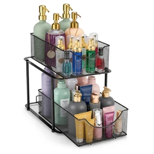 2-Tier Under Sink Organizer - Sliding Mesh Drawer Storage Rack for Bathroom & Kitchen Countertop Carbon Steel Cabinet Shelf Rack