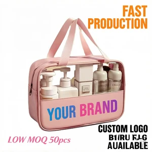 Custom Printed Letter Pattern for Transparent PVC Handled Waterproof Portable Toiletry Storage Organizer Cosmetic Bag
