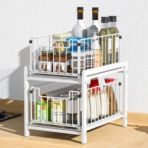 2-Tier Sliding Cabinet Organizer Double Kitchen Drying Basket Pull-Out Drawers Standing Type Plastic Multifunction