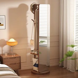 US Stock Full Length Mirror Stand Coat Rack Solid Wood Floor Mirror Swivel 360 Degree Mid-Century Framed Design GT-CYJ035