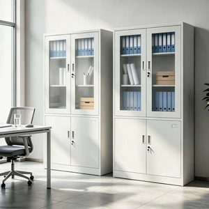 Factory Direct OEM Cold Rolled Steel Filing Cabinet 2 Glass Doors and 2 Metal Cabinet Doors Lockable Office Storage Cupboard