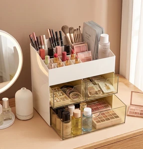 XinHang Bulk Retractable Drawer Makeup Storage Chest Plastic Skincare Display Frame Dressing Table Organizer Box With Brush Tray