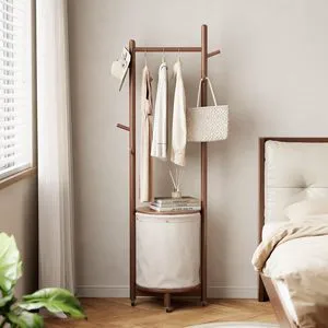 US Stock Solid Wood Coat Rack with Fabric Basket 9 Hooks Wheels-Freestanding for Entryway Bedroom Hallway Living Room GYJ063