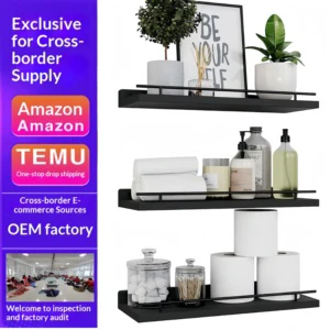 3-Piece Floating Metal Wood Rustic Wall Shelf for Bathroom Living Room Garage Spice Storage-Durable Eco-Friendly Wall-Mounted