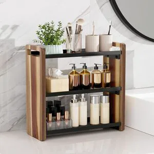 CF Alloy Steel Wood 3 Tier Vanity Cosmetic Storage Kitchen Under Sink Bathroom Counter Organizer Shelf For Hotel Home