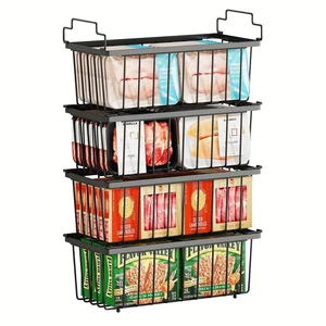 4-Pack Stackable Metal Wire Storage Baskets with Handles Freezer Pantry Organizer Bins for Kitchen Cabinet Storage