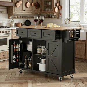 Modern Multifunctional MDF Kitchen Cupboard Island with Storage Rack Power Socket Spice Organizer Mobile Durable Easy Clean