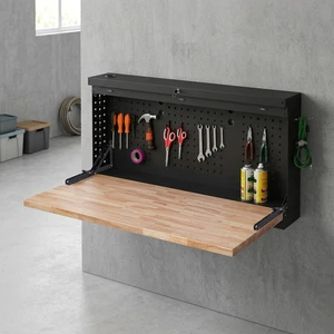 Customized Wall Mounted Folding Workbench With Solid Wood Pegboard Heavy Duty Garage Storage Table Workshop Tool Organizer