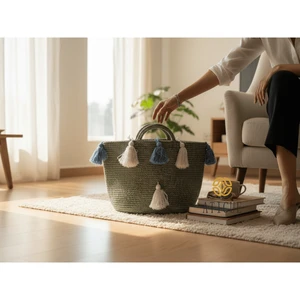 14x12 Inch Woven Cotton Storage Basket with Tassel Decor Living Room Multipurpose Organizer with Handles