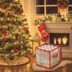 32/64-Grid PP Rectangular Christmas Ornament Storage Box with Handle Large Capacity Bag Holiday Accessory Organizer