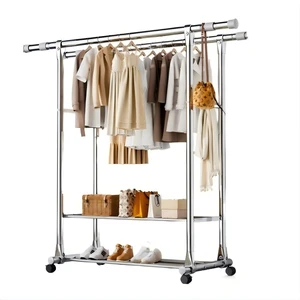 2-Layer Stainless Steel Double Rod Telescopic Multifunctional Eco-Friendly Movable Modern Clothes Rack Bag Drying Bedding Shoes