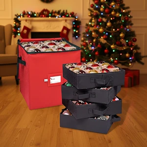 Christmas Ornament Storage Box 4 Individual Trays Stackable Portable Classic Non-WovenDesign Polyester Holds 64 Ornaments Box
