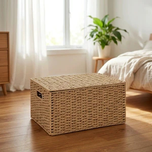 Water Hyacinth Woven Storage Basket with Lid Rectangular Shelf Organizer with Handles for Home and Closet Organization