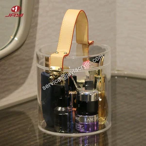 Custom Round Acrylic Cosmetic Storage Box Lucite Makeup Storage Organizer with Leather Handle