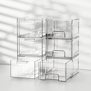 Clear Stackable Plastic Cosmetics Storage Box Makeup Organizer Drawers With Pull Out Handles for Vanity