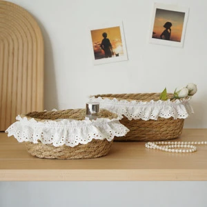 Storage Basket French Style Straw Woven Storage Basket Desktop Storage Basket Lace-trimmed Cosmetic and Sundry Kitchen Organizer