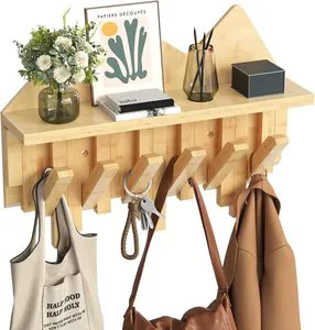 Coat Rack Wall Mount with Shelf & 6 Hooks Piano Coat Racks Bamboo Storage Organizer for Hats Jackets Bags for Entryway, Hallway
