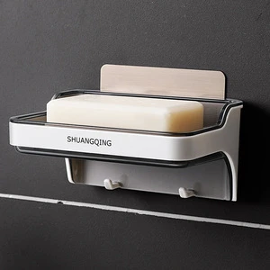 No-Drill Wall-Mounted Three-piece Set Double Layer Sustainable Plastic Soap Rack Drain Creative Hooks for Modern Bathroom