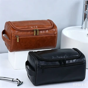 Solid Color Men Toiletry Bag PU Leather with Handle Multifunction Travel Washing Storage Bag for Men
