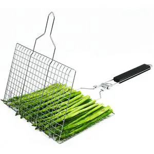 Stainless Steel Portable Tool Barbecue Grills Accessories Tools Set BBQ Grill Basket Wire Mesh Net With Removable Wood Handle