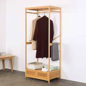 Modern Floor Standing Double Tier Bamboo Coat Rack with Drawer for Living Room Clothing Organizer and Shoes Storage