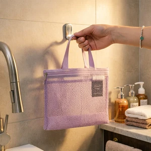 Foldable Portable Handbag Travel Cosmetics Storage Bags Mesh Bathing Bathroom Use Zipper Makeup Pouch Mesh Toiletry Bag