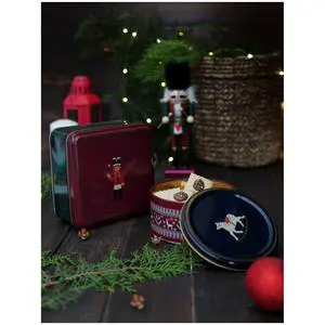 Metal Storage Tin Set – Square & Round Teddy bear, rocking horse, Christmas theme 2025 Design