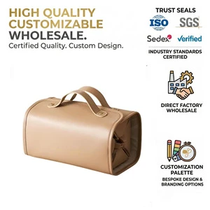 Women's Large Capacity PU Waterproof Travel Makeup Bag Portable Organizer Fashion Style Flat Open Cosmetic Zipper String Storage