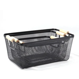 Factory Supply 3 Size One Set With Wooden Handle Metal Storage Basket Wire Basket