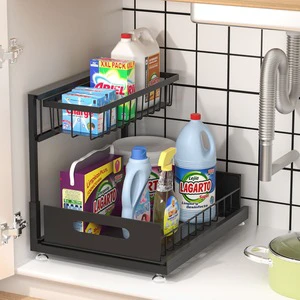 BX Pull Out Under Sink Cabinet Organizers And Storage 2-Tier Sliding Adjustable Drawer Organizer With Hooks